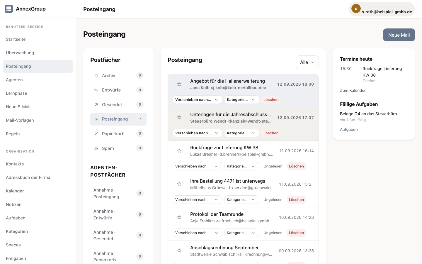 Inbox with folders and a sample message