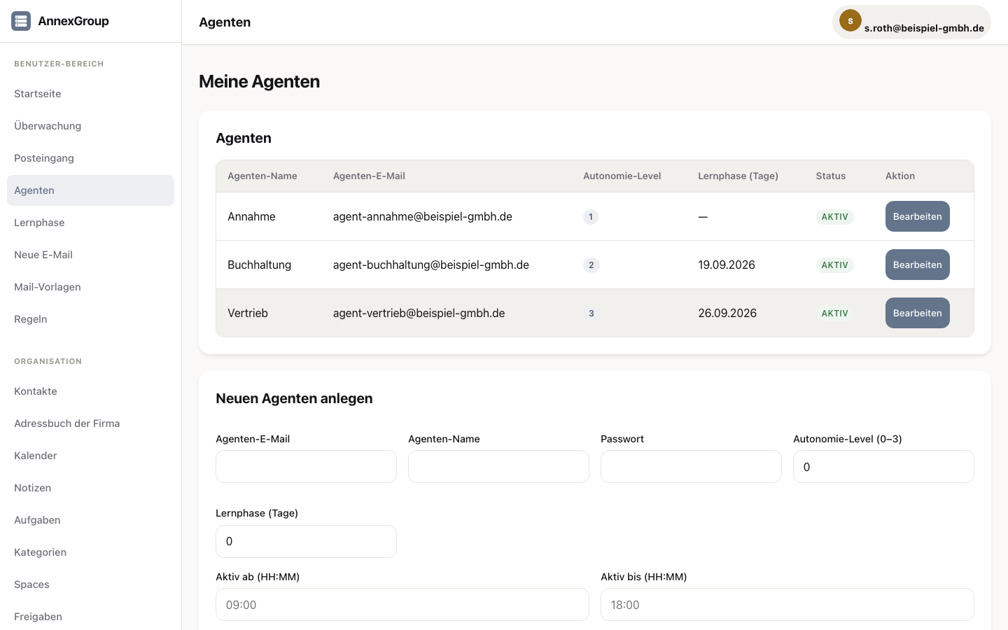 View of the set-up agents: intake, accounting and sales, each with its own account